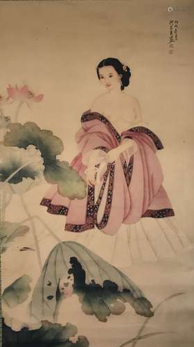 A Chinese Lady-portrait Loctus-decorating Scroll Display