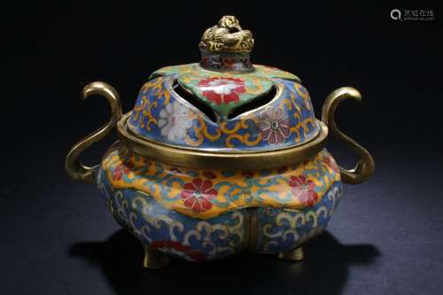 A Lidded Chinese Cloisonne Tri-podded Censer Display