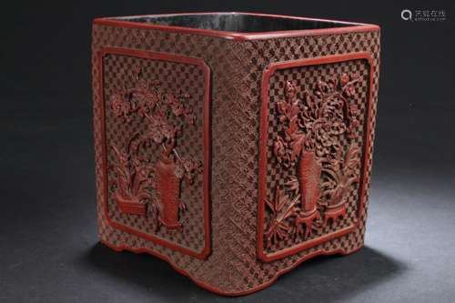 A Windowed Chinese Square-based Lacquer Fortune Pot