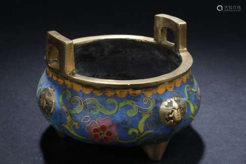 A Chinese Bat-framing Tri-podded Cloisonne Censer Display