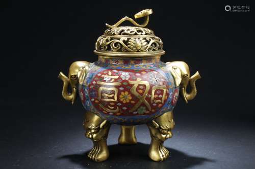 A Duo-handled Chinese Myth-beast Ruyi-decorating Cloisonne Censer Display