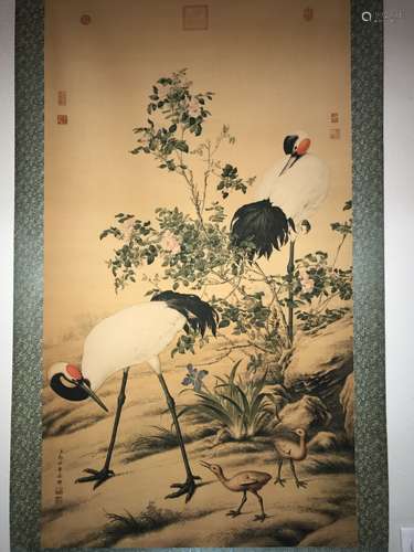 A Duo-crane Chinese Estate Fortune Scroll Display