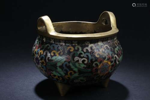 A Tri-podded Chinese Estate Cloisonne Circular Censer Display