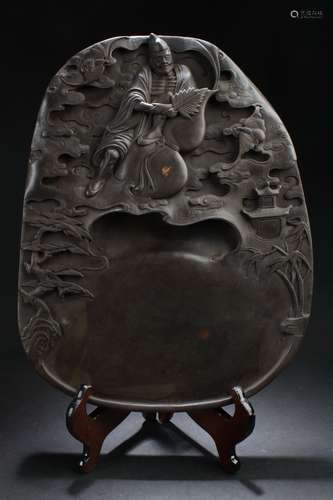 An Estate Lohan Chinese Story-telling Massive Inkstone Display