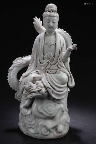 A Chinese Dragon-decorating Estate White Porcelain Guanyin Statue