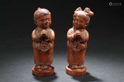 Two Estate Chinese Joyful Kids Fortune Statues Display