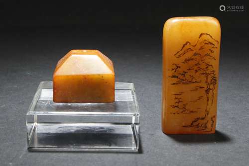 Two Estate Chinese Soapstone-curving Stamps