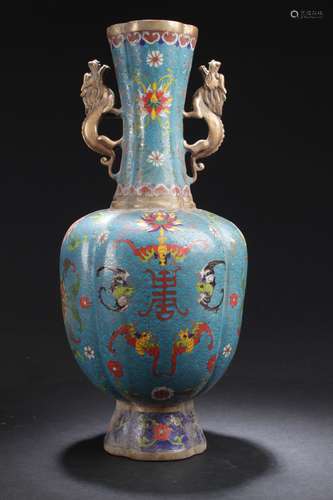 A Duo-handled Chinese Bat-framing Cloisonne Display Vase