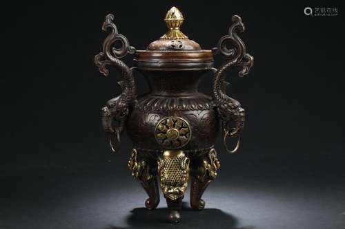 An Estate Chinese Myth-beast Tri-podded Censer Display