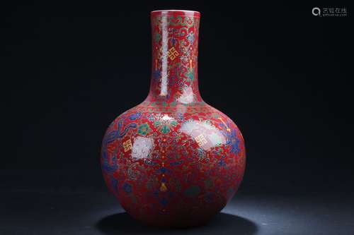 A Narrow-opening Estate Bat-framing Chinese Red Porcelain Vase