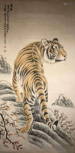 A Vivid Chinese Tiger-portrat Estate Scroll Display