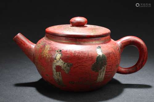 An Estate Chinese Red Round Story-telling Tea Pot