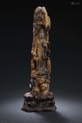 Chinese Agarwood Carved Guanyin Statue with wooden stand