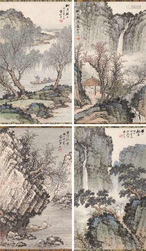 袁松年 1946年作 山水 （四帧） 四屏镜片 设色纸本