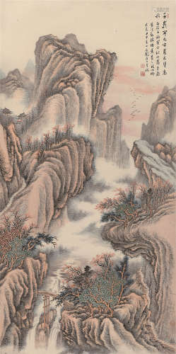 张石园 1944年作 秋山萧寺图 立轴 设色纸本