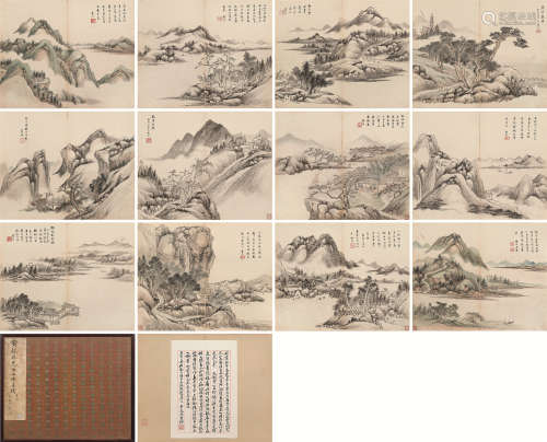 黄均（古） 1830年作 仿古山水册 册页 （十二开） 设色纸本