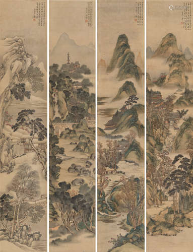 项维仁 1801年作 仿古山水 （四帧） 四屏 设色绢本