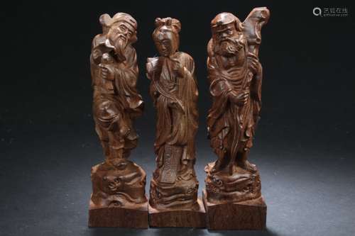 Three Chinese Estate Wooden Curving Display Statues