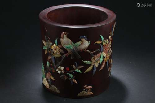 A Chinese Plating-decorated Estate Wooden Brush Pot