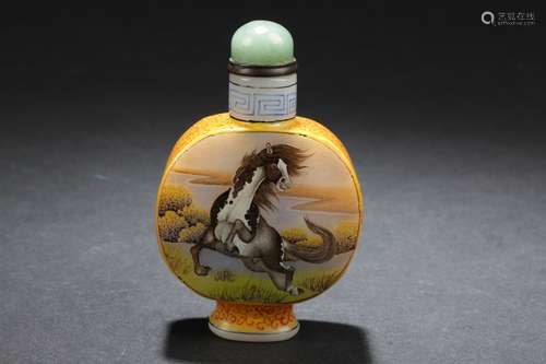 A Horse-portrait Chinese Estate Overlay Snuff Bottle