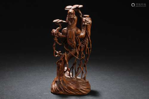 A Root-seated Chinese Lohan Estate Wooden Statue