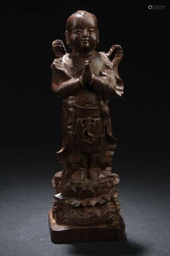 A Chinese Estate Fortune-kid Wood Curving Statue