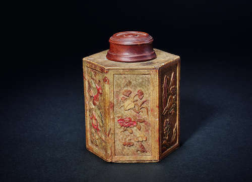 清 寿山石加彩精雕花卉山水纹六方茶叶罐
