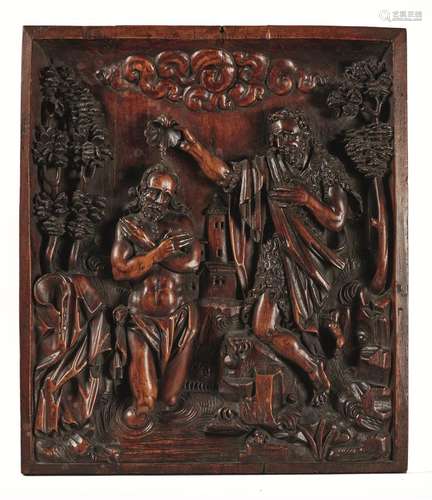 Panneau rectangulaire en noyer sculpté (trois planches) représentant Le baptême du Christ dans le Jourdain.