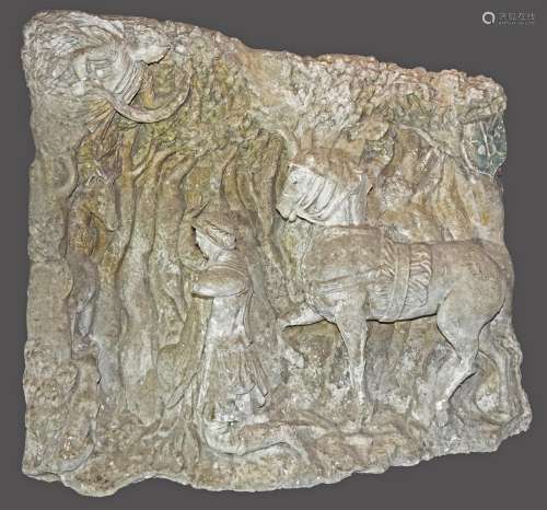 Haut-relief en pierre calcaire figurant le miracle de Saint Hubert.