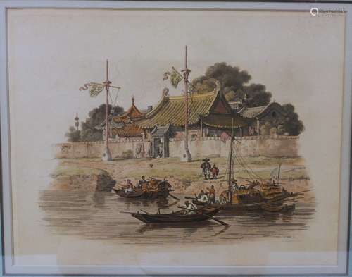 HAND COLORED ENGRAVING OF CHINESE RIVER SCENE - GEORGE NICOLS