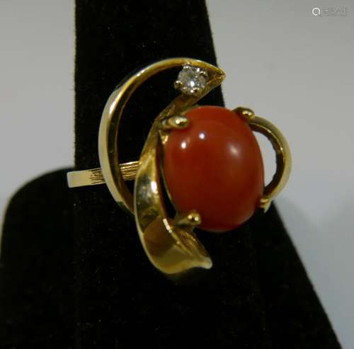 14K GOLD RED CORAL & DIAMOND RING