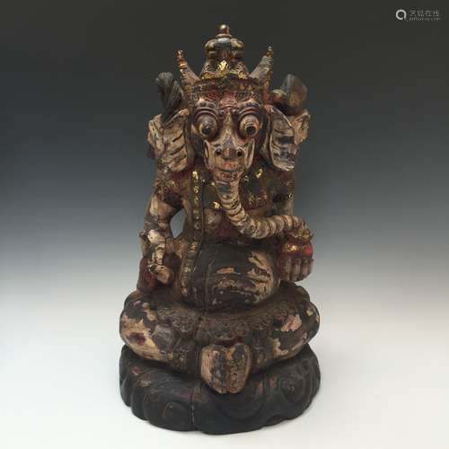 A RARE INDIAN ANTIQUE WOOD GANESH