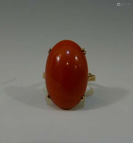 14K GOLD NATURAL RED CORAL CABOCHON RING