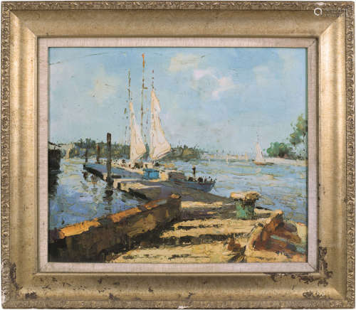 艾中信 1977年作 渔港 纸本 油画