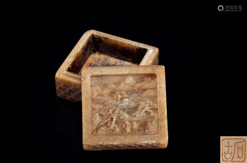 清 寿山石雕人物故事印泥盒