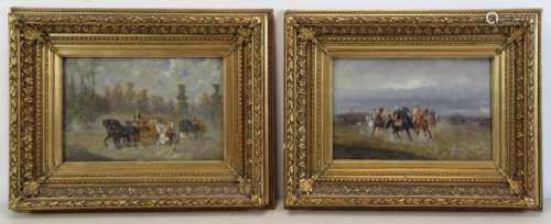 Pair of Late 19th C Signed Oil on Panel Equestrian
