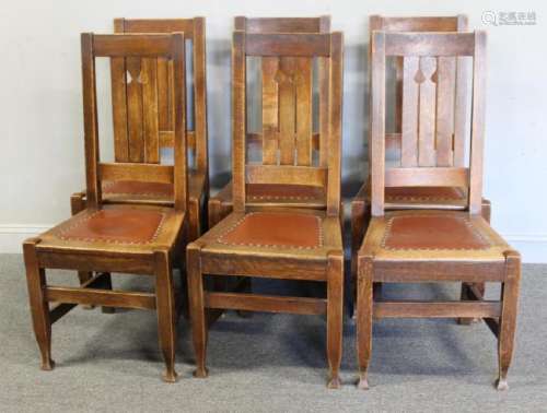 Set of 6 Arts and Crafts Oak Dining Chairs.