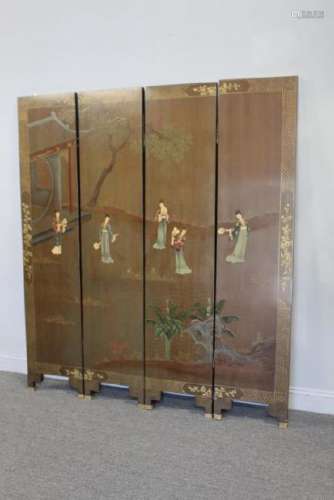 Antique 4 Panel Paint Decorated Asian Screen