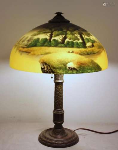 UNSIGNED. Reverse Painted Handel Style Table Lamp