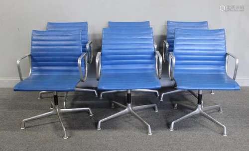 Set of 6 Blue Eames Aluminum Group Office Chairs.