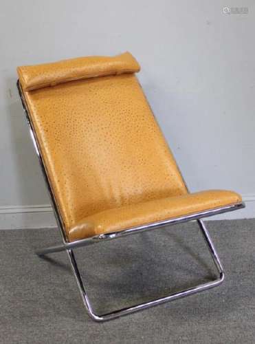Midcentury Chrome Lounge Chair in Ostrich Leather.