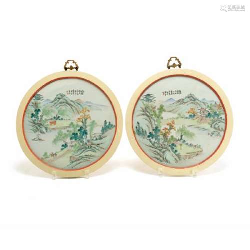 Pair of Enameled Circular Porcelain Plaques, Early 20th