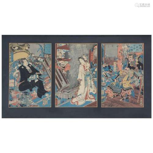 Kunichika (1835-1900): Woodblock Print Triptych