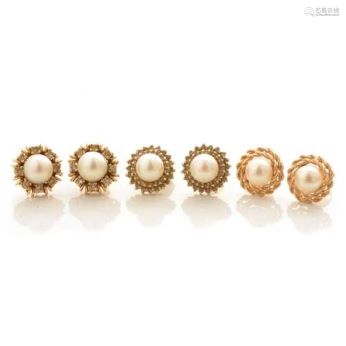 Collection of Three Pairs of Cultured Pearl, Diamond,