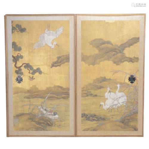 Pair of Japanese Gilt and Painted Door Panels