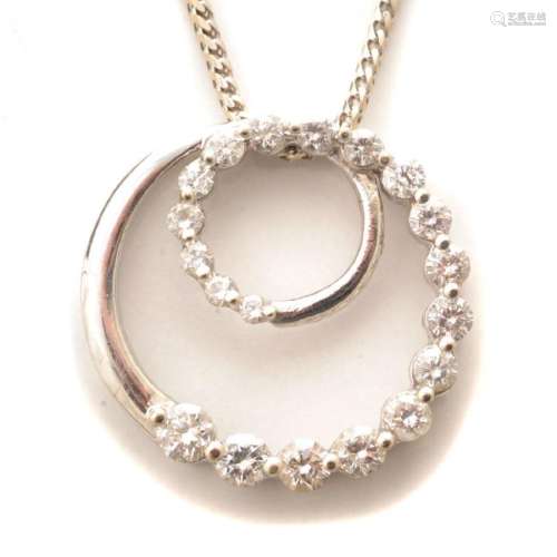 Diamond, 14k White Gold Circle Pendant Necklace.