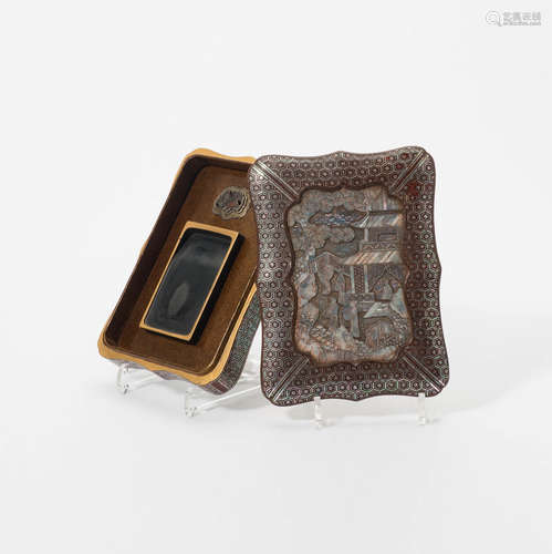 A Japanese rectangular mother-of-pearl inlaid and lacquer writing box, suzuribaku