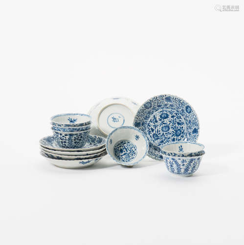 A set of six Chinese blue and white teabowls and saucers