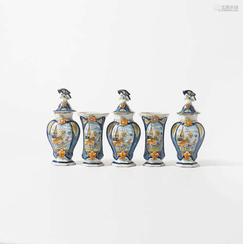 A Dutch Delft polychrome earthenware five-piece garniture