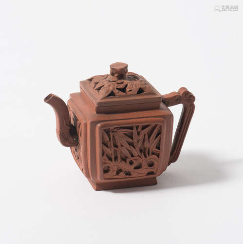 A Chinese Yixing rectangular 'bamboo' teapot and cover